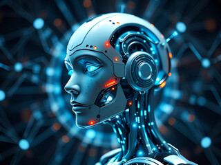 Sleek futuristic AI robot head shown in profile with illuminated blue and orange LED lights against blurred technology background. Perfect for artificial intelligence concepts, machine learning projec