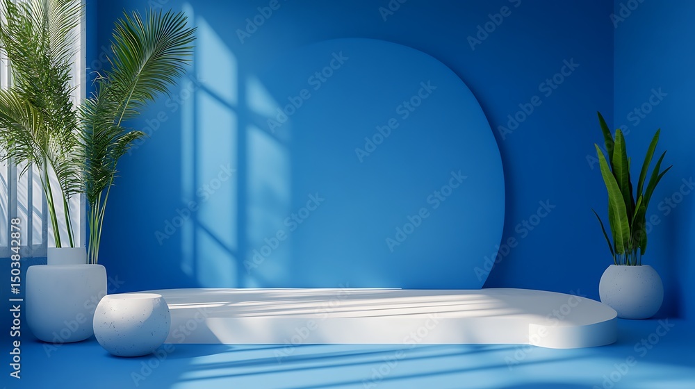 Poster 3d rendering of minimal geometric forms. blue podium for your design