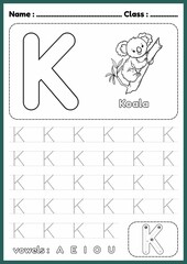 A-Z Alphabet trace and color worksheet, Dotted line letter writing K for Preschool, Kindergarten, Homeschool and Teacher Resources.