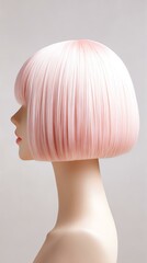 wig mock-up on mannequin showing realistic hair texture A mannequin displaying a stylish pink bob haircut, perfect for showcasing hair trends and fashion.