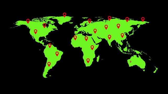 World map with pinpoint location icon animation on a black background