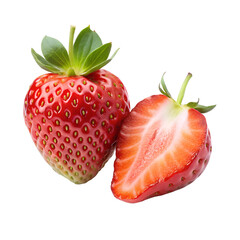 two fresh and delicious strawberries, one cut and one not, isolated on transparent background