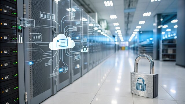 A secure server room with a digital lock and a cloud computing network diagram, highlighting data protection and cybersecurity.