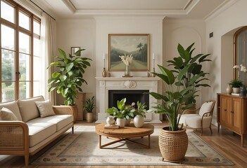 Fototapeta premium Bright Living Room with Plants and Natural Light Interior