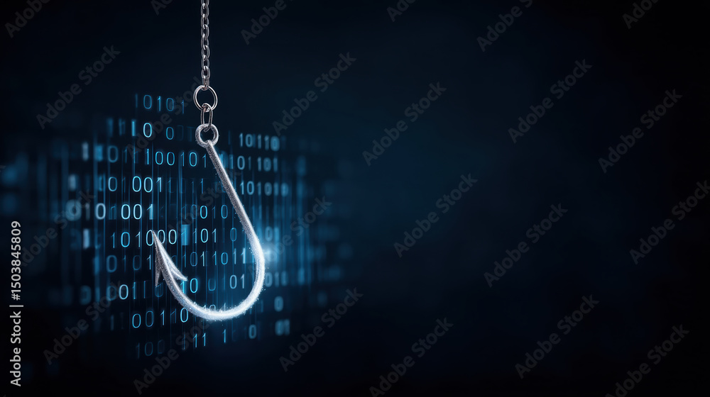 Poster digital phishing concept showing metal fishhook with binary code in dark background symbolizing cybe