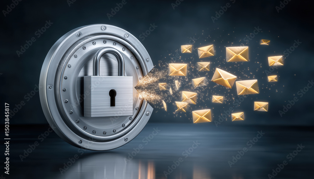 Poster secure lock protects digital communication from phishing attacks as golden envelopes symbolize safe 