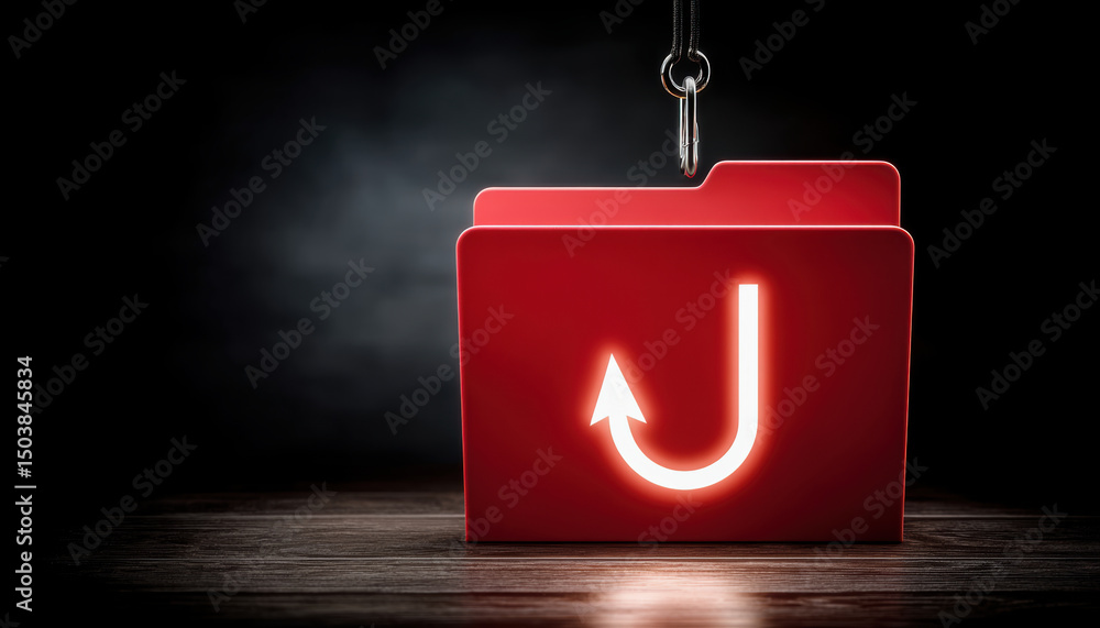 Poster phishing concept with red folder and hook symbol glowing on wooden table in dark background showing 