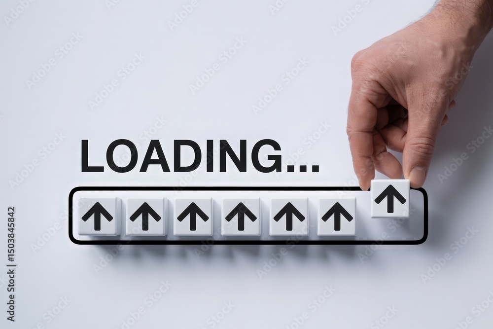 Poster loading progress bar with arrows concept hand placing arrow cube on white background