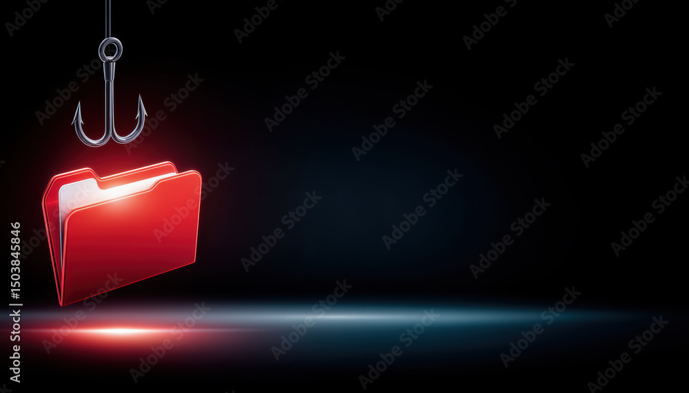 Poster phishing concept with red folder hanging on fishing hook symbolizing cyber attack and data theft in 