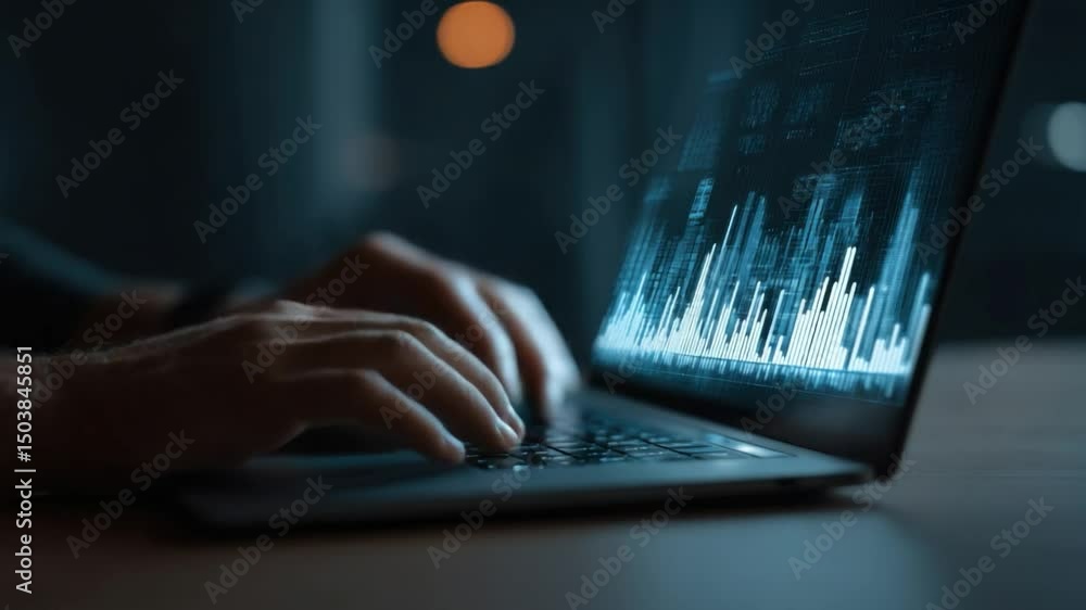 Poster decoding digital frontiers: a close-up view of a person working on a modern laptop, their fingers ex