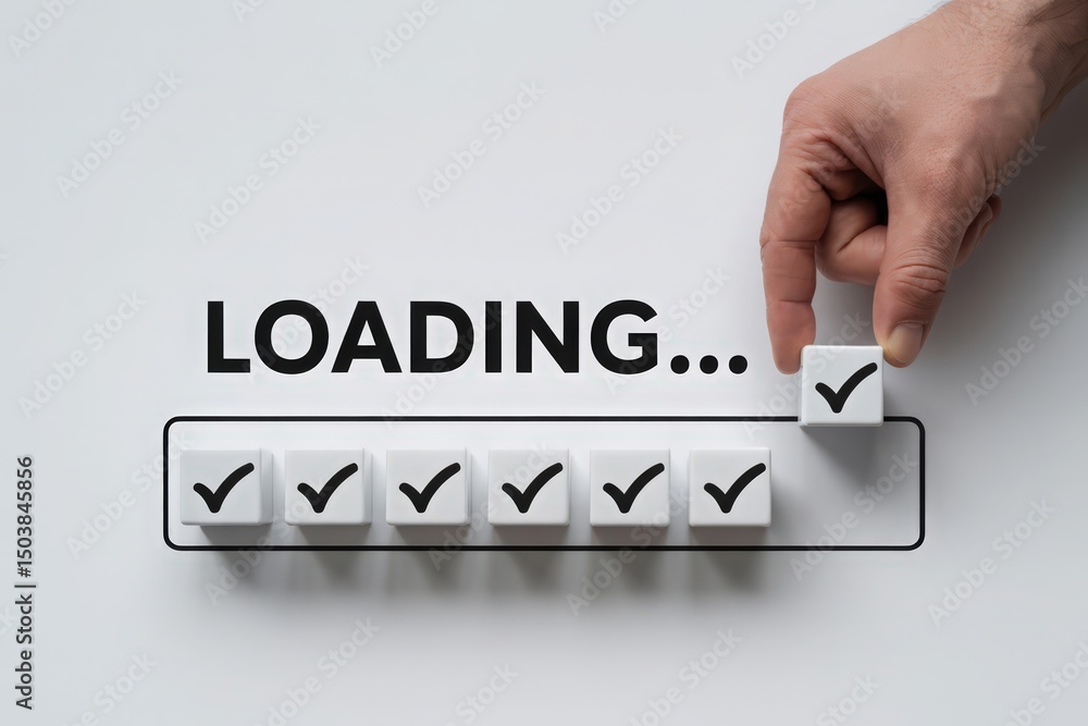 Poster loading progress bar with check marks concept hand placing check mark cube on white background