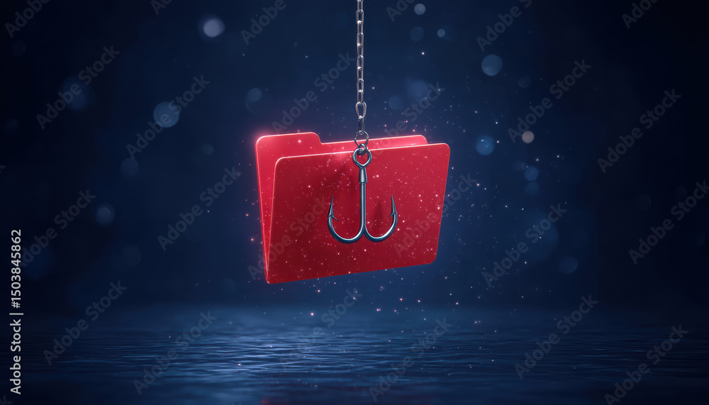 Poster phishing concept with red folder and fishing hook symbolizing cyber attack and data theft dark backg