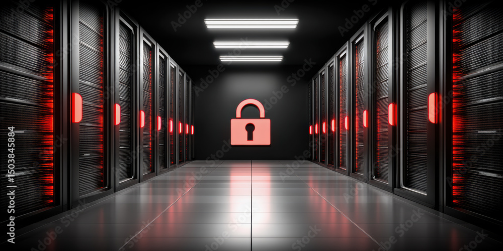 Poster phishing cybersecurity concept with secure data center and red lock symbol showing protection agains