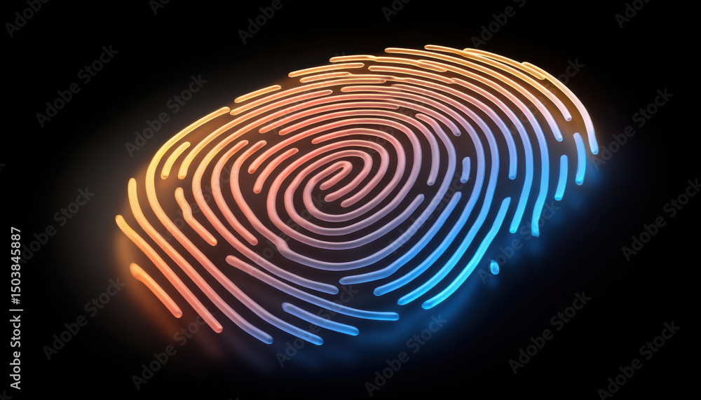 Poster fingerprint security concept with glowing colorful lines on black background representing identity a