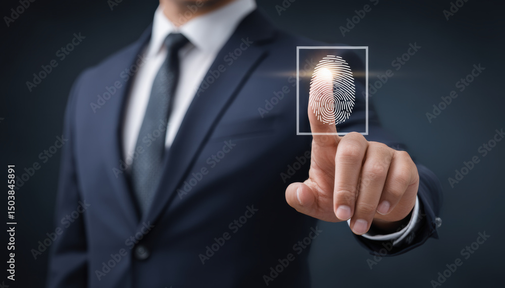 Poster businessman in suit uses fingerprint scanning technology to prevent phishing and secure digital iden