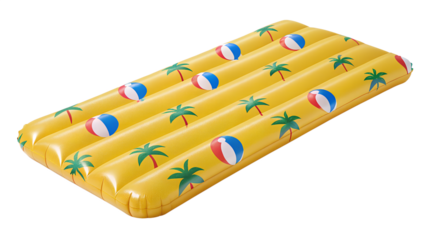 A yellow rubber inflatable beach mattress with motives of balls and coconut trees top view isolated on transparent background