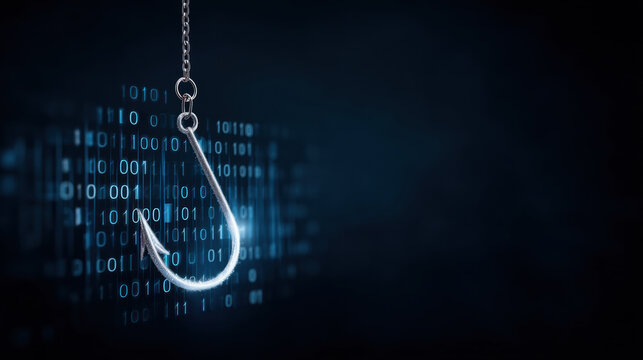 Digital phishing concept showing metal fishhook with binary code in dark background symbolizing cyber attack and data theft
