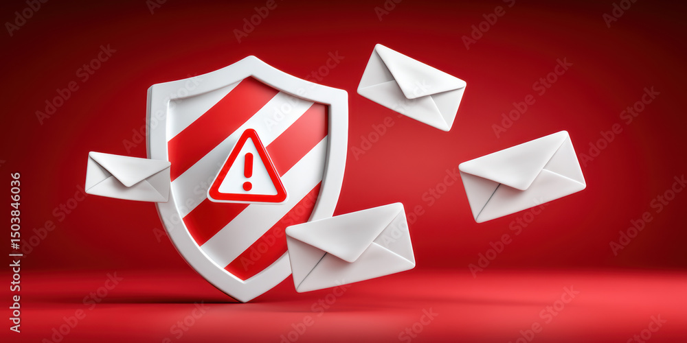 Poster phishing alert concept with shield and warning sign surrounded by flying envelopes on red background