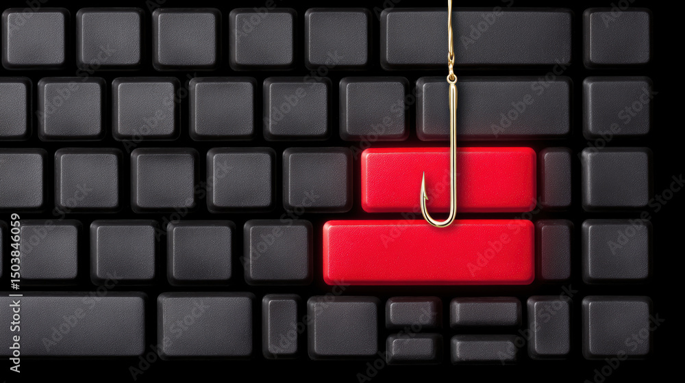 Poster phishing concept with black keyboard and red keys hooked by fishing hook symbolizing cyber attack an