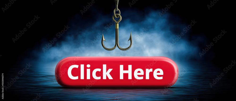 Poster phishing concept with fishing hook above red click here button symbolizing online scam and cyber att