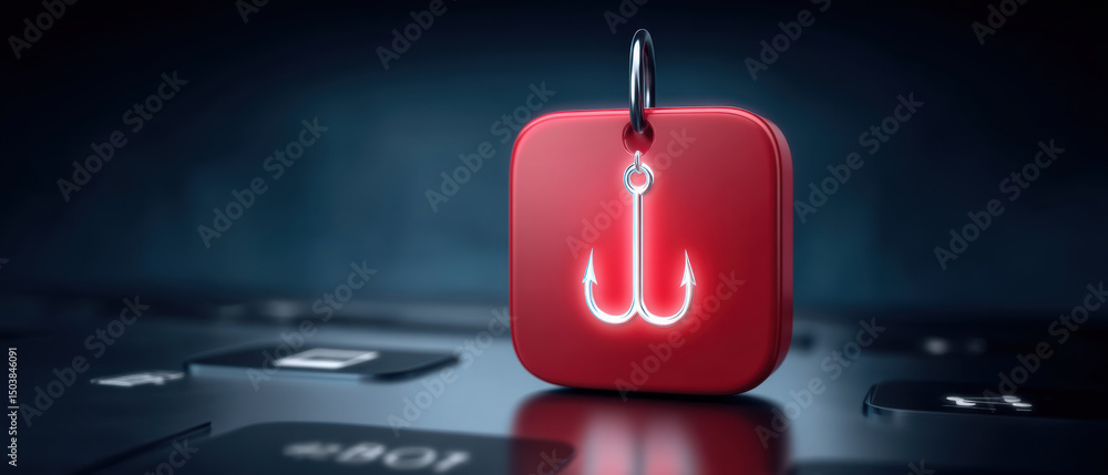 Poster phishing concept with red square key and fishing hook symbol on dark keyboard background representin