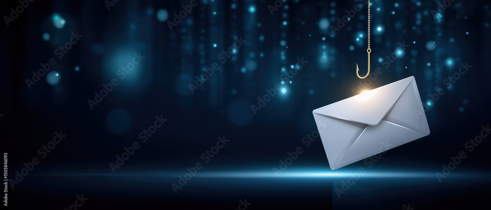 Poster phishing concept with email envelope and fishing hook in dark background symbolizing cyber attack an