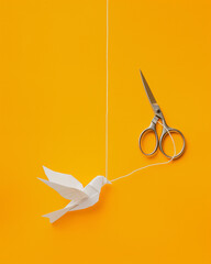 Conceptual representation of freedom and constraints with origami bird and scissors against bright background. Generative AI
