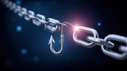 Phishing concept with shiny metal fishing hook attached to silver chain link symbolizing online security threat and digital deception