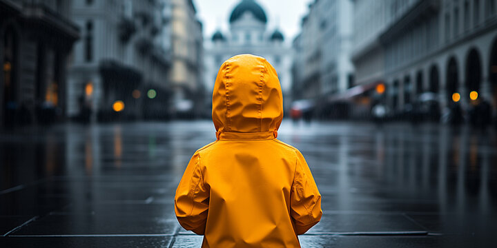 Child wearing yellow raincoat walking alone down wet urban street, evoking solitude and wonder in a cinematic cityscape atmosphere