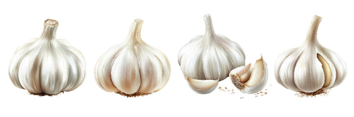 Obraz premium Group of fresh garlic bulbs and cloves arranged on a white background, showcasing different stages of garlic preparation