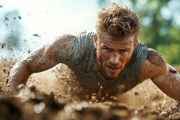 Determined athlete covered in mud charging through an obstacle course, capturing intensity, strength, and perseverance in extreme sports