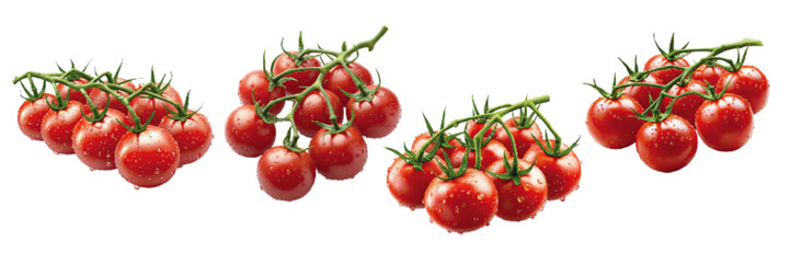 Fresh red cherry tomatoes on the vine, showcasing dewdrops, arranged in clusters with a white background for visibility