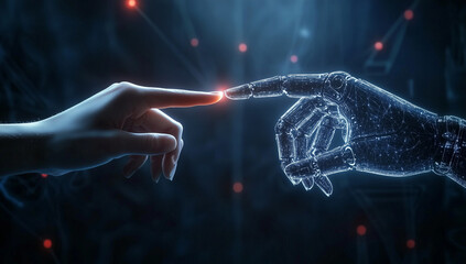 Close-up of digital finger scan interacting with holographic data, representing biometric technology, security, and futuristic innovation