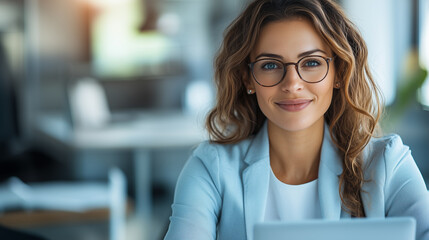Confident woman smiling in a modern workspace, symbolizing leadership, professional success, and career fulfillment in contemporary office life