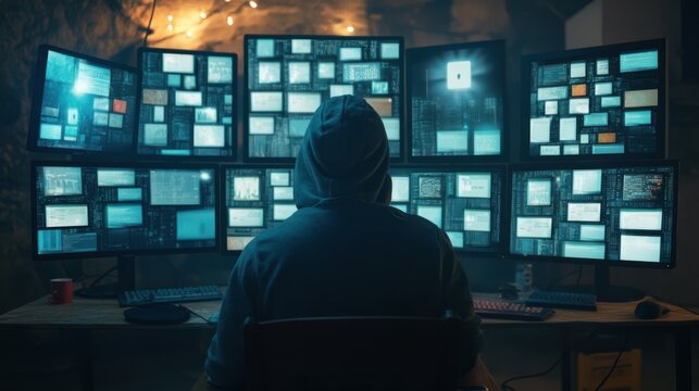 Cyber attacker in hoodie facing multiple translucent data monitors with floating malware alerts and digital signal distortions
