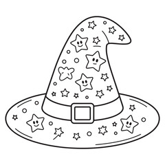 Wizard Witch Hat with Stars and Moon – Magical Costume Accessory Cartoon Line Art
