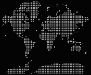 Dotted vector world map. A detailed dotted world map shows the layout of every continent using dotted elements. The dotted world map merges topography, network, and elegance in one view.