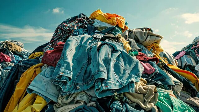 A large pile of discarded clothing, overflowing with various colors and fabrics, highlighting the issue of textile waste