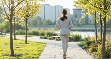 Fashion designer jogging along a riverside path in a bright healthcare clinic