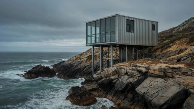 Cliffside container home stands overlooking the dramatic ocean waves at the seacliff container retreat