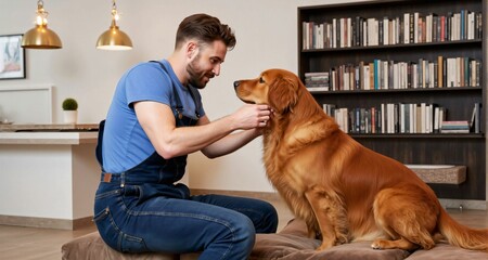 Farmer grooming a golden retriever in a modern library