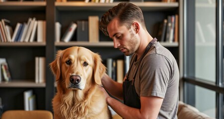 Farmer grooming a golden retriever in a modern library