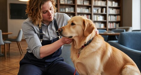 Farmer grooming a golden retriever in a modern library