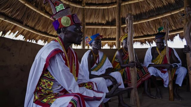 A group of people in traditional attire sit in a circle inside a thatched hut. Low-angle shot captures cultural dialogue, resembling a documentary video.