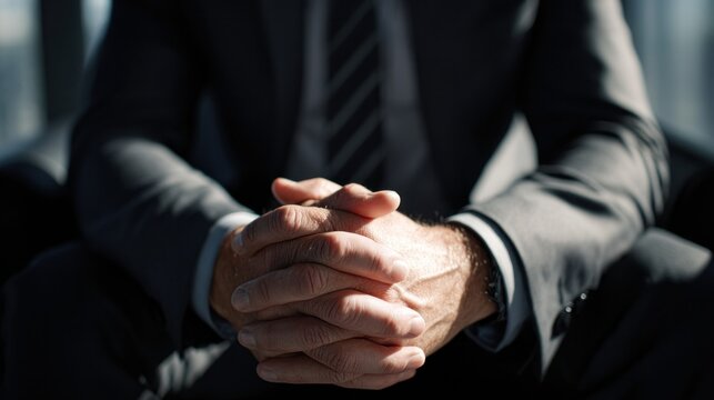 Close-up of a businessman in a suit sitting alone in a modern office, hands clasped, tense expression on face, natural light casting soft shadow, mood of uncertainty