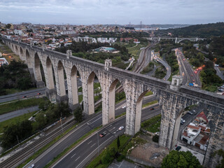 Beautiful aerial view to old historic aqueduct in Lisbon