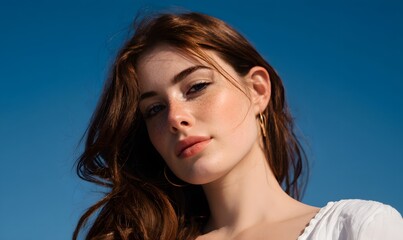 a fashion photo of a 24 years old woman with white skin on a blue sky plain background, Generative AI