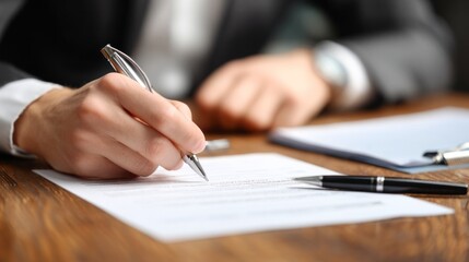 Close-up of hands reviewing family legal documents on wooden desk, pen and checklist beside, trust-building professional environment