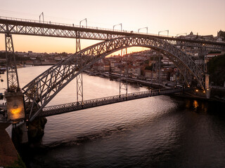 Beautiful aerial view to big metal bridge Luis I in downtown Porto