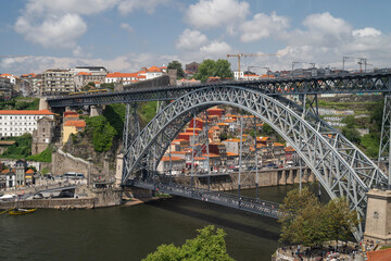 Beautiful view to big metal bridge Luis I in downtown Porto